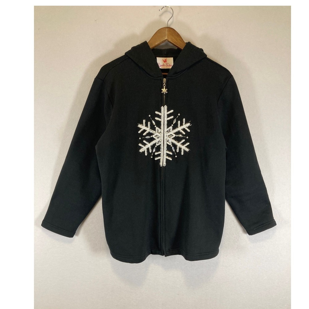 Wintercore Quacker Factory Womens Large Black Sequin Snowflake Zip Up Hoodie